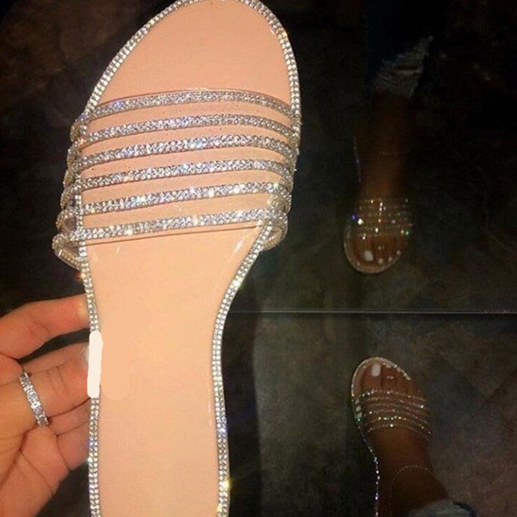 Liso De Strass Com Chinelos Femininos Deslizantes De Pu