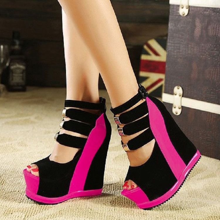 Peep Toe Salto Em Cunha Fivela Plataforma De Sandálias Femininas