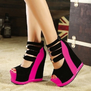 Peep Toe Salto Em Cunha Fivela Plataforma De Sandálias Femininas