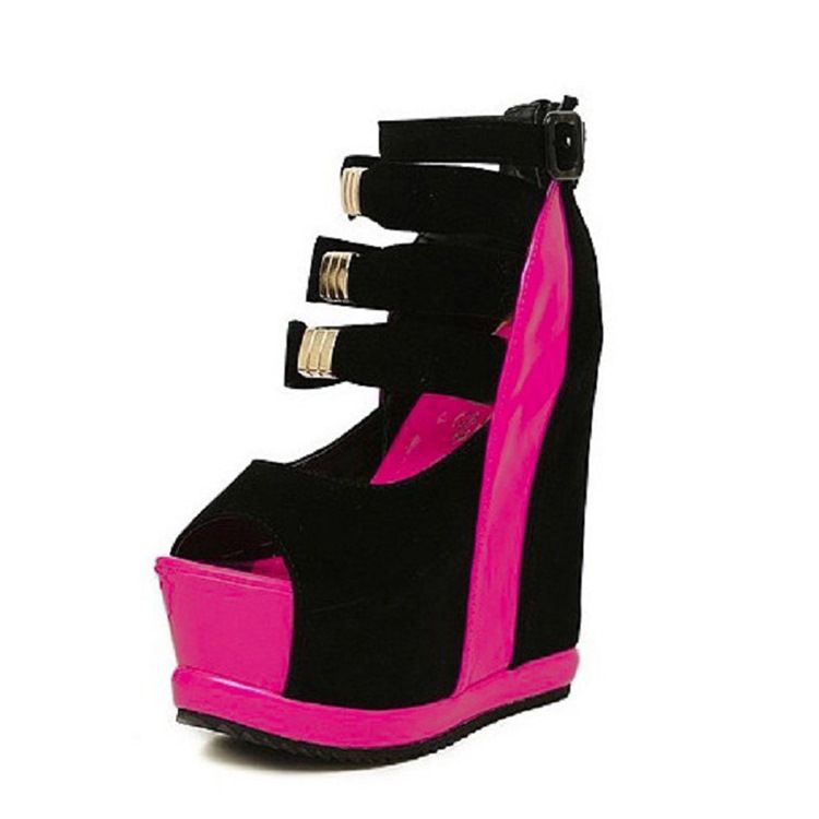 Peep Toe Salto Em Cunha Fivela Plataforma De Sandálias Femininas