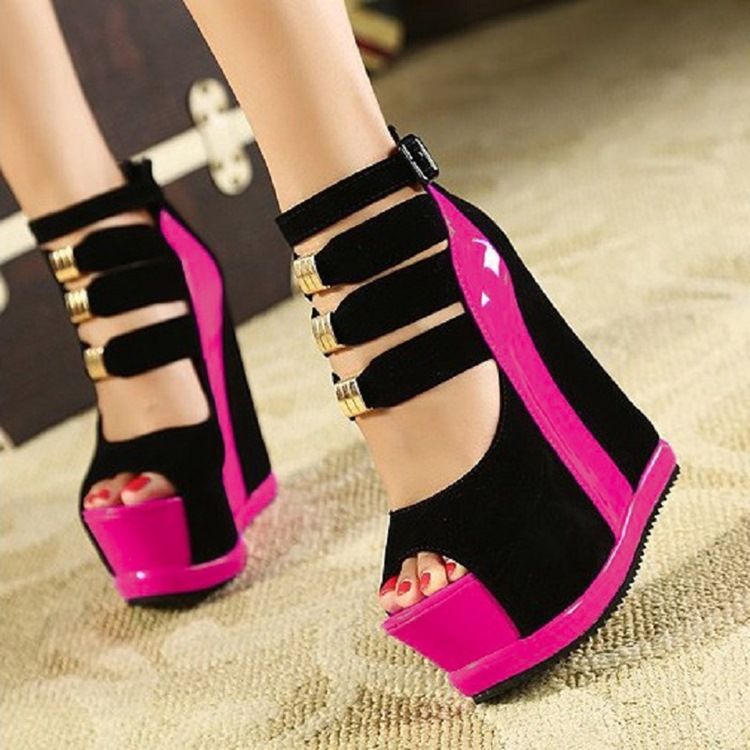 Peep Toe Salto Em Cunha Fivela Plataforma De Sandálias Femininas