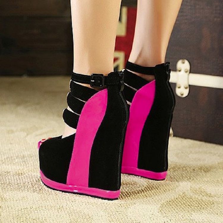 Peep Toe Salto Em Cunha Fivela Plataforma De Sandálias Femininas