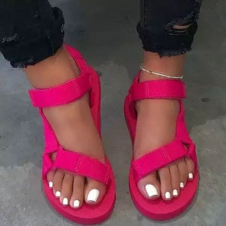 Riso Com Velcro Redondo Toe Sandálias Lisas Femininas