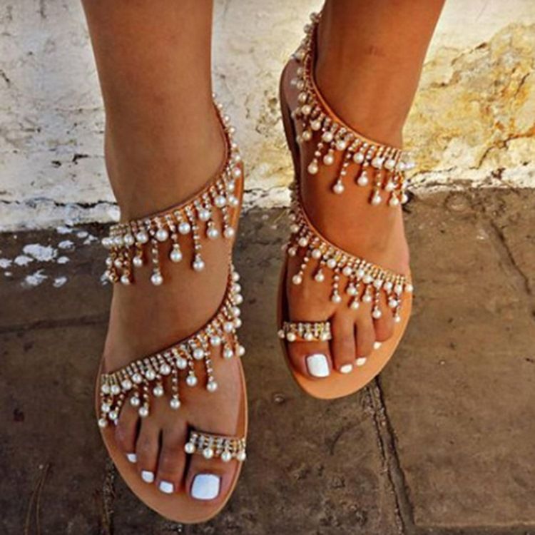 Sandálias Planas Femininas Com Miçangas De Strass