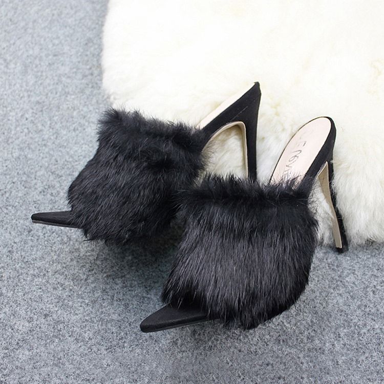 Sapatos Mules Femininos Com Pêlo Faux Flip Flop E Salto Agulha