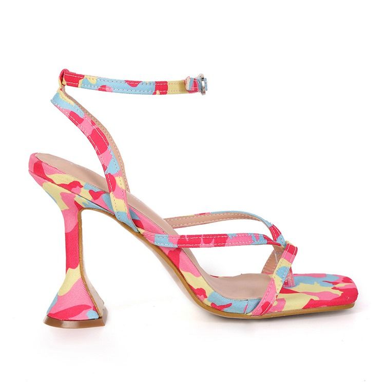 Spool Heel Toe Quadrado Fivela Cor Bloco Sandálias Femininas