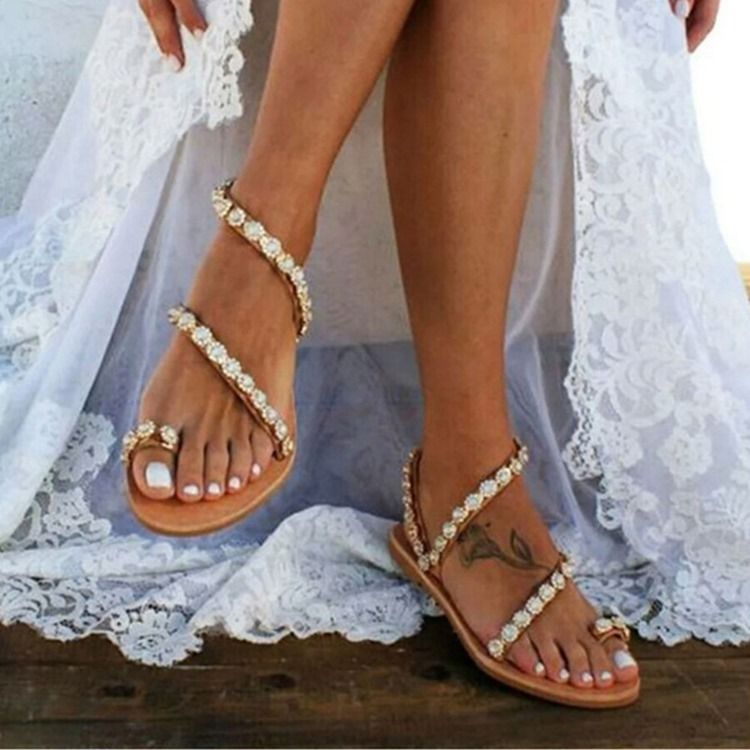 Toe Ring Slip-on Flat Com Sandálias Femininas Lisas