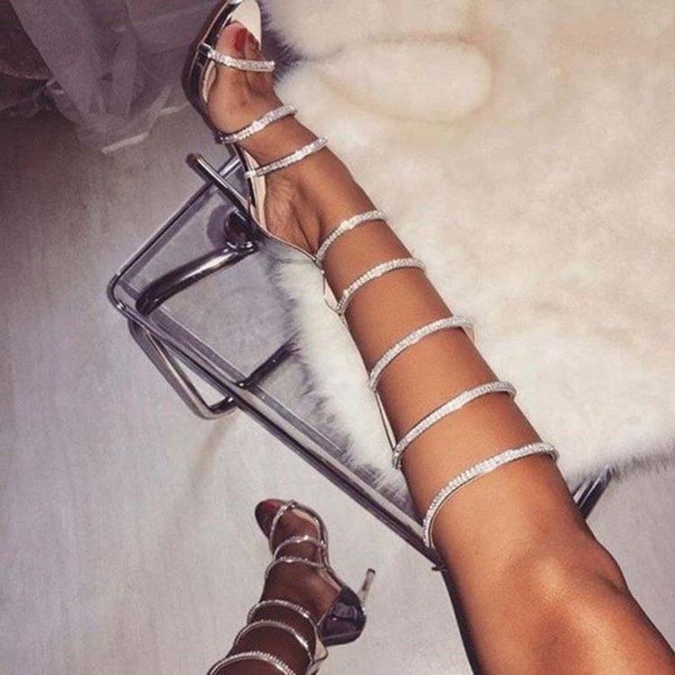 Strass De Salto Agulha E Salto Agulha Cobrindo Sandálias Femininas Com Zíper