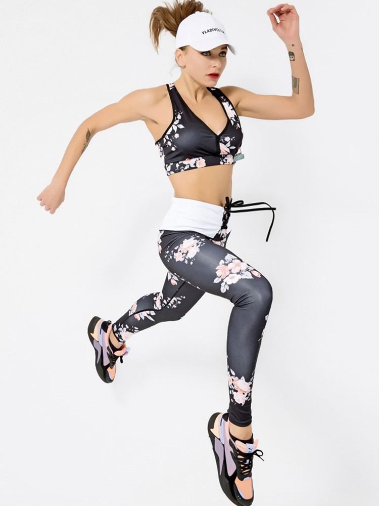 Conjunto De Roupas Esportivas Femininas De Secagem Rápida Sem Mangas Com Estampa Floral