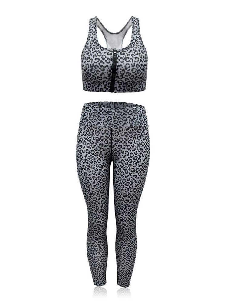 Conjunto De Treino De Corrida Com Zíper E Estampa De Leopardo De Secagem Rápida Feminina