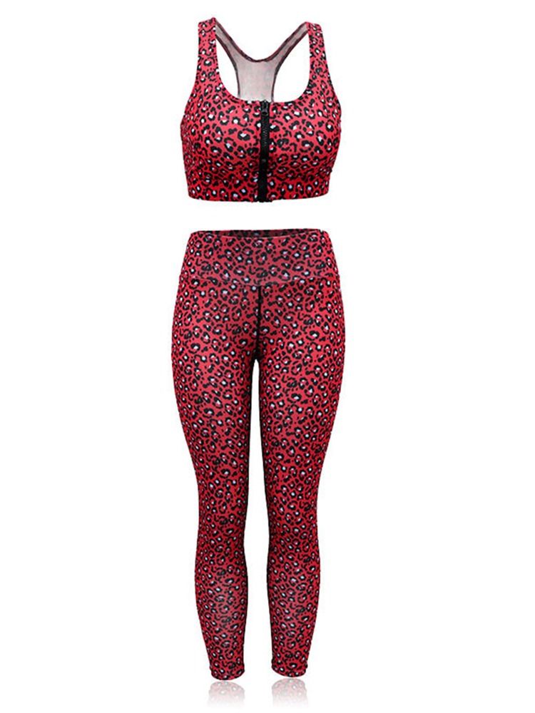 Conjunto De Treino De Corrida Com Zíper E Estampa De Leopardo De Secagem Rápida Feminina
