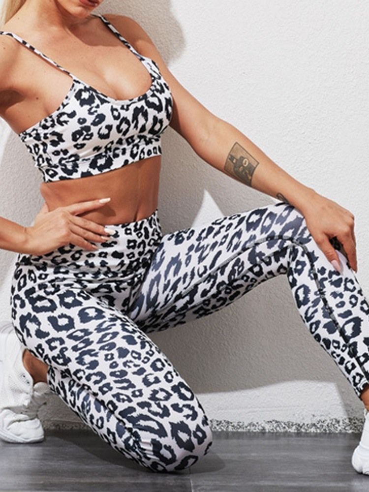 Conjuntos De Roupas De Corrida Femininas Com Estampa De Poliéster Anti-suor E Leopardo