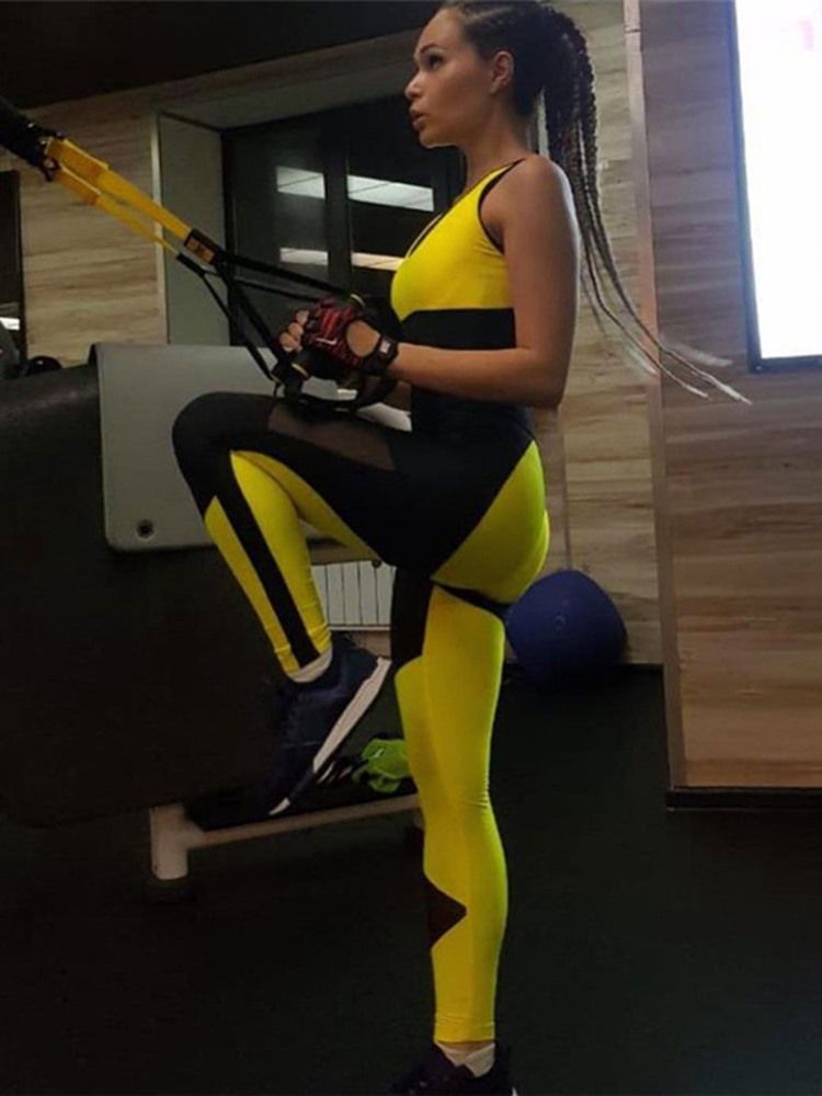 Leggings Esportivos De Ginástica Sem Mangas Com Bloco De Cores Feminino Na Altura Do Tornozelo