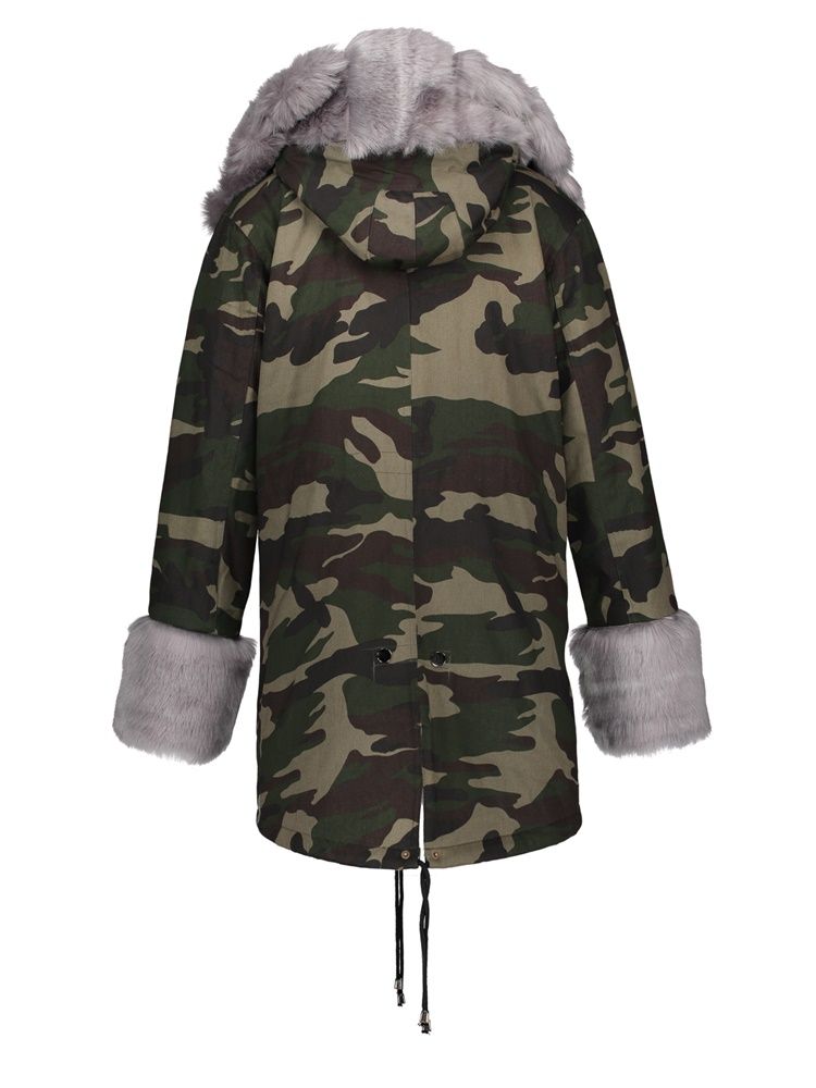 Casaco Feminino Com Camuflagem De Pele Grossa E Capuz De Comprimento Médio