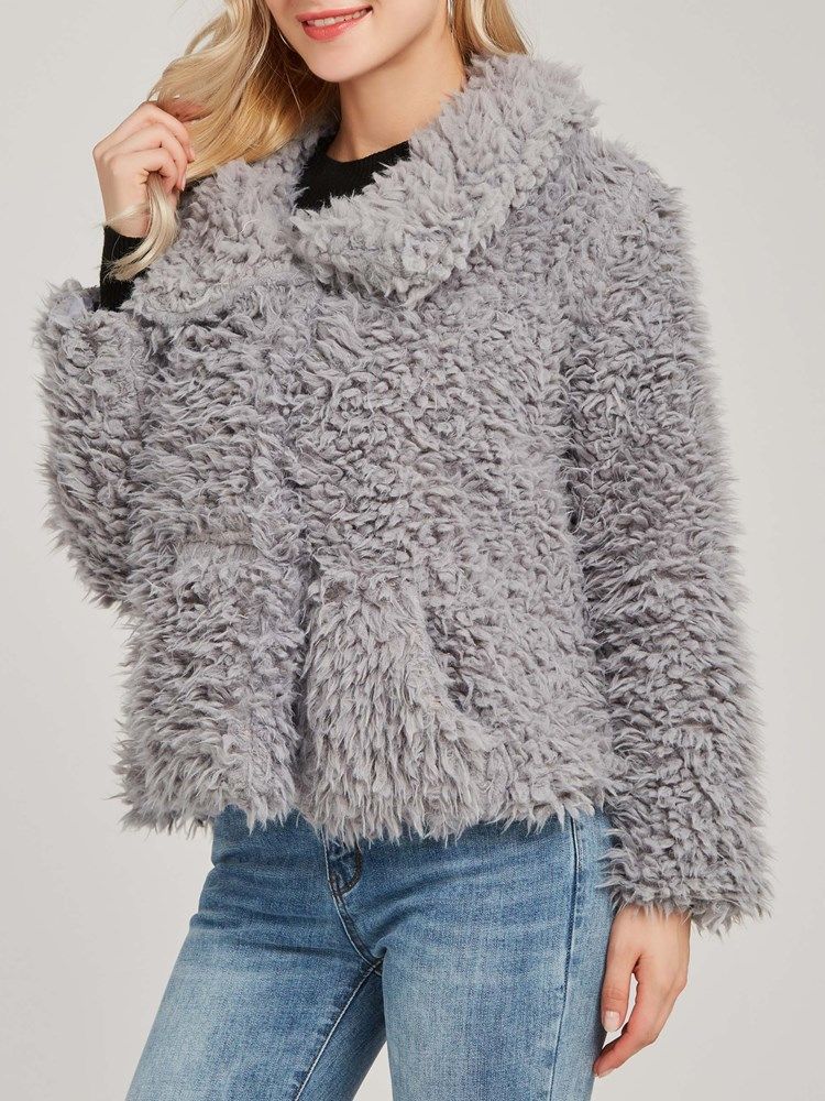 Casaco Feminino De Lapela Solto Liso De Mangas Compridas Teddy