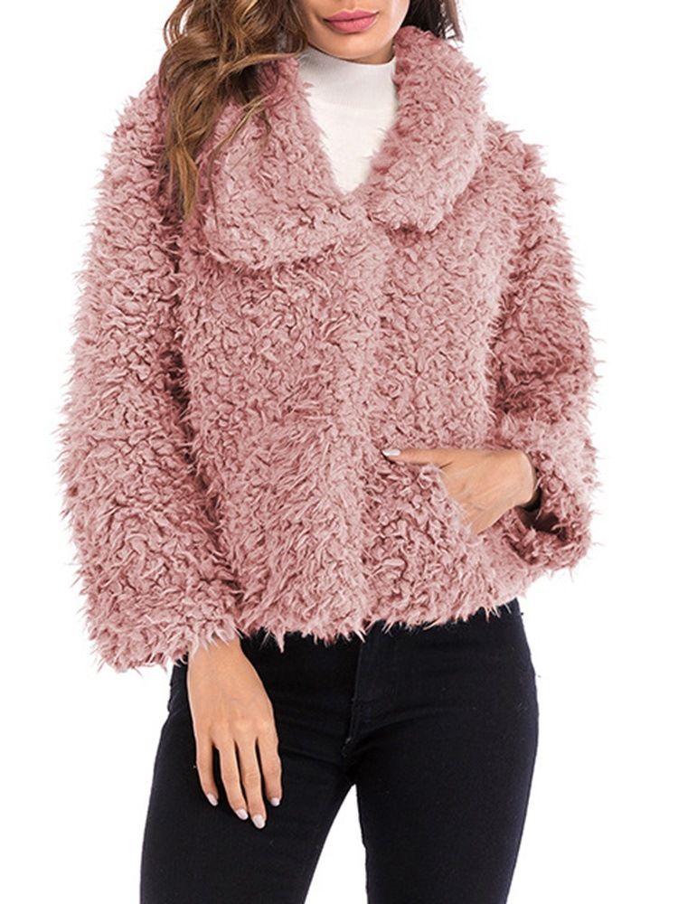 Casaco Feminino De Lapela Solto Liso De Mangas Compridas Teddy