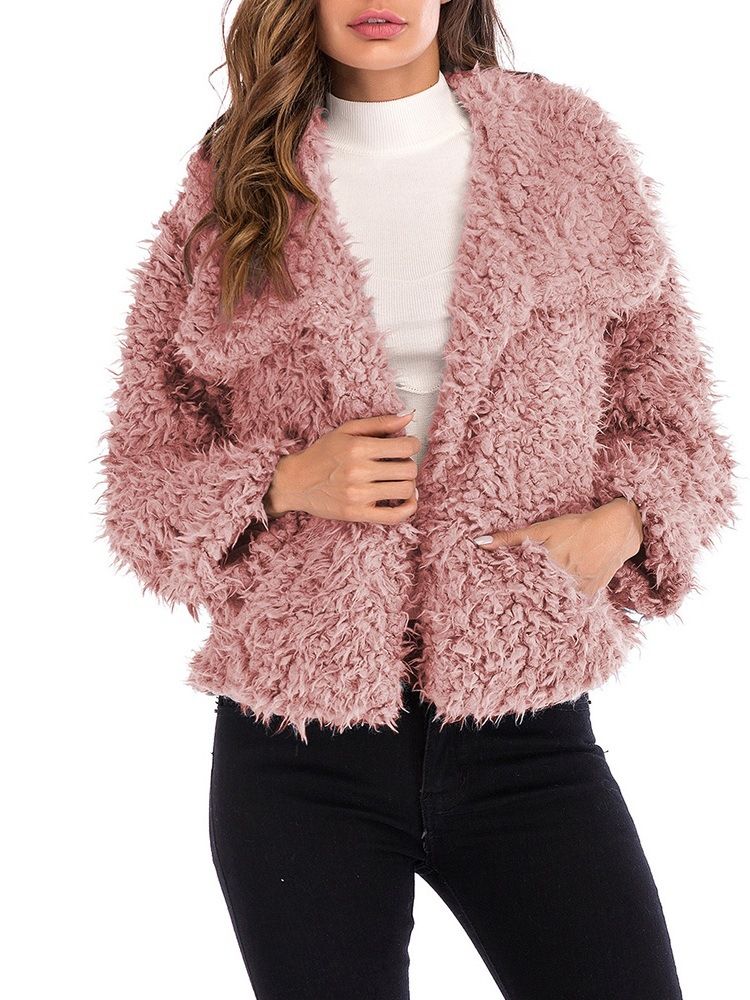 Casaco Feminino De Lapela Solto Liso De Mangas Compridas Teddy