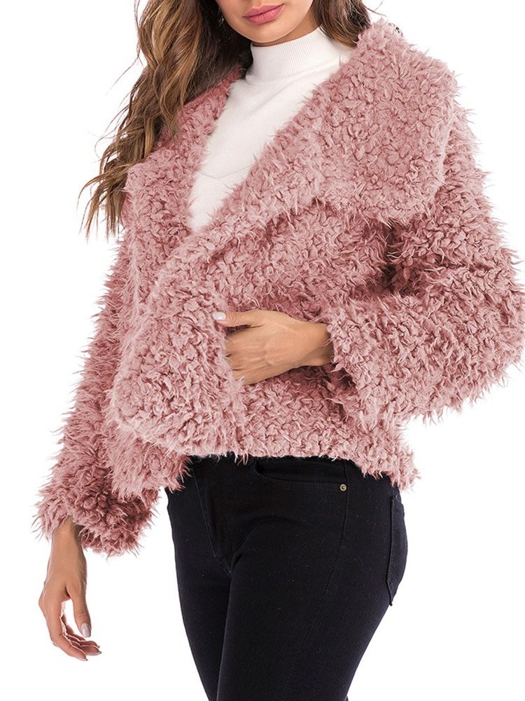 Casaco Feminino De Lapela Solto Liso De Mangas Compridas Teddy