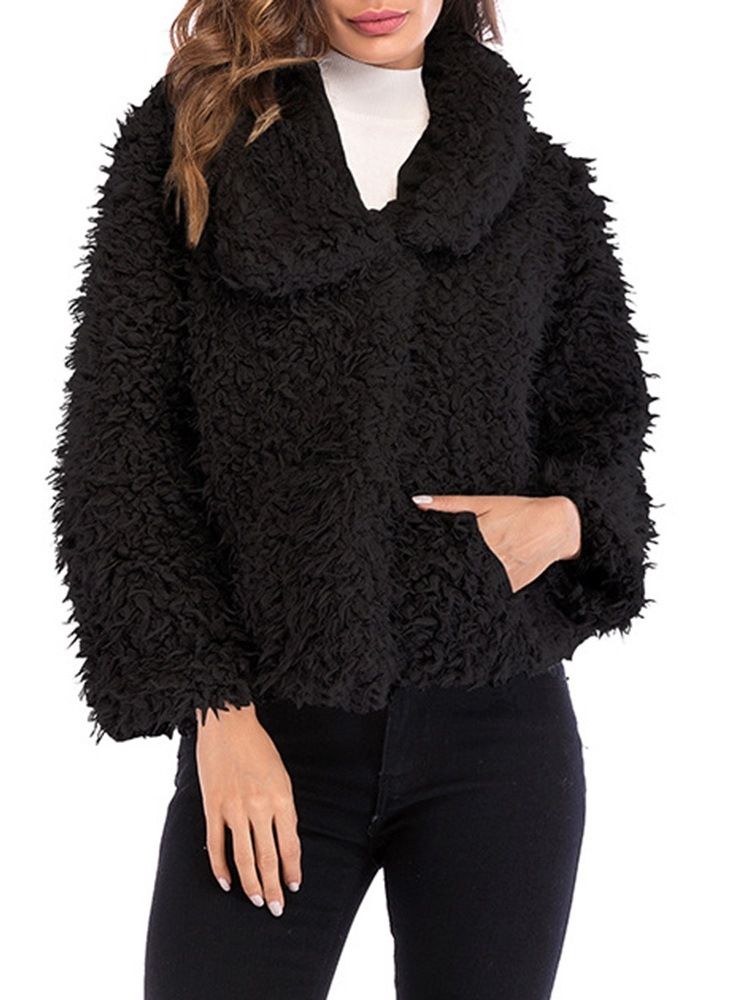 Casaco Feminino De Lapela Solto Liso De Mangas Compridas Teddy