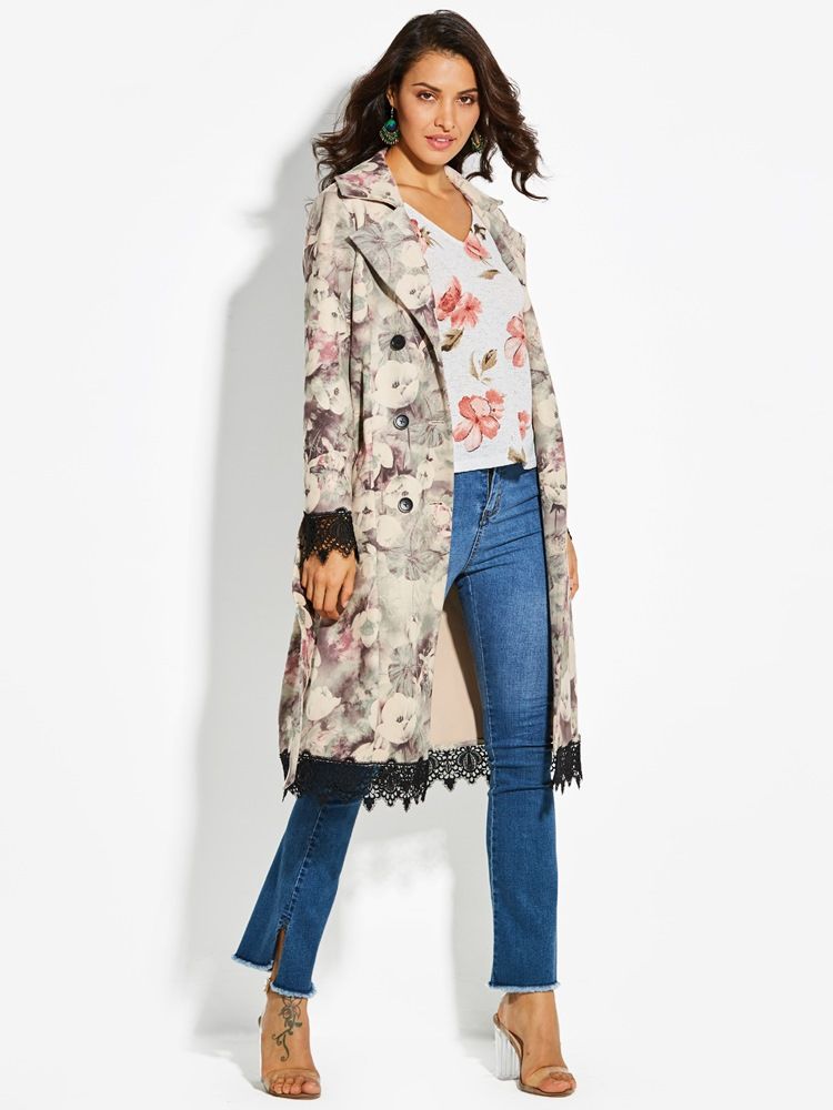 Sobretudo Floral De Lapela Com Corte Duplo Feminino