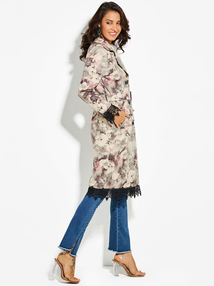 Sobretudo Floral De Lapela Com Corte Duplo Feminino
